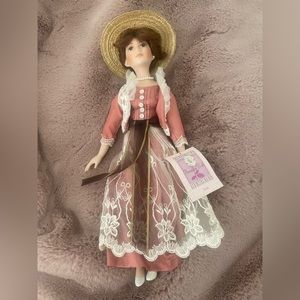 Porcelain Collectible Doll Coral Dress Lace Memories Jean Straw Hat